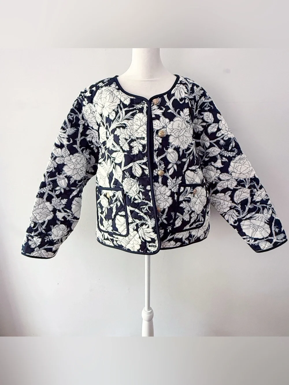 Time‎ & Tru Women 100% Cotton Floral Quilted Jacket XXL Navy Blue Coastal Casual